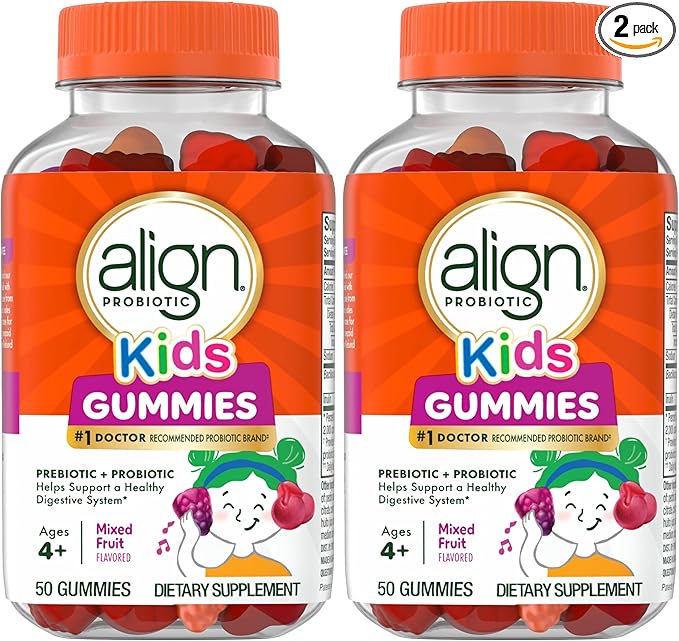 Align Probiotic, Kids Gummies, Prebiotic + Probiotic Helps Support a Healthy Digestive System*, #1 Doctor Recommended Probiotic Brand‡, 50 Gummies Packaging May Vary (Pack of 2)