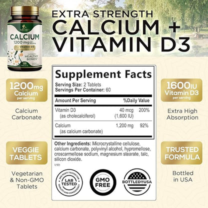 Calcium 1200 mg with Vitamin D3 Per Serving - Bone Health Supplement, Vitamin D & Calcium Supplements for Women & Men - Bone, Teeth & Immune Support, Nature's Calcium Pills, USA Bottled - 120 Tablets