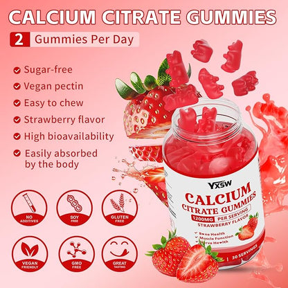 Calcium Citrate Gummies 1200mg, Chewable Calcium Supplement for Women & Men, Sugar Free Calcium for Bone, Muscle & Immune Support, Gluten Free, Vegan, Non-GMO, Strawberry Flavor, 120 Count
