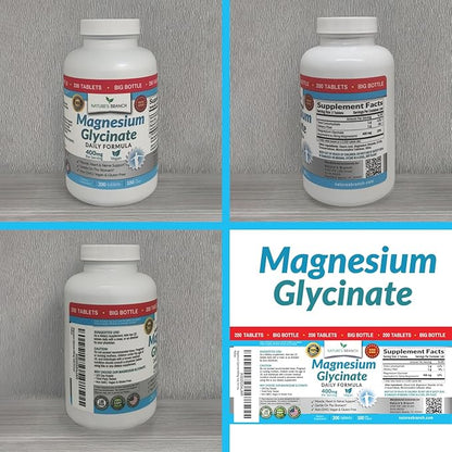 Magnesium Glycinate 400mg | 200 Tablets | High Absorption Mag Supplements for Sleep, Leg Cramps, Heart, Muscle, Calm | Non Buffered Bisglycinate, Extra Strength for Women and Men, Tablets Not Capsules