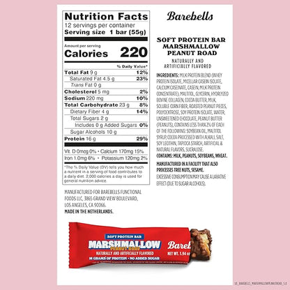 Barebells Soft Protein Bars Marshmallow Peanut Road – 24 Bars Total (2 Packs of 12) – High Protein Snacks with 16g of Protein, Fluffy Chocolate Nutritional Treat, No Added Sugar, Breakfast Bars