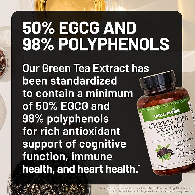NatureWise Green Tea Extract Capsules 1000 mg - 50% EGCG & 98% Polyphenols - Extra Strength Green Tea Pills - Antioxidants for Heart Health & Energy - Vegan, Non-GMO - 120 Count[60-Day Supply]
