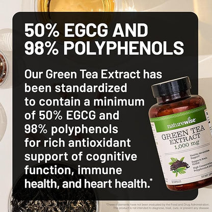 NatureWise Green Tea Extract Capsules 1000 mg - 50% EGCG & 98% Polyphenols - Extra Strength Green Tea Pills - Antioxidants for Heart Health & Energy - Vegan, Non-GMO - 120 Count[60-Day Supply]