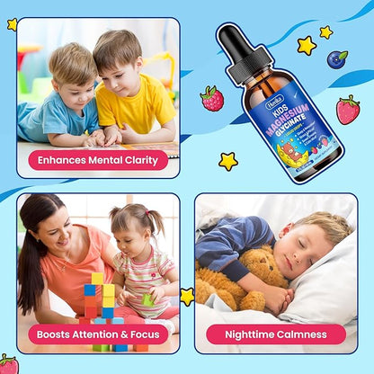 2 Pack Magnesium Glycinate Liquid for Kids - Magnesium Glycinate Drops with L-Theanine Omega-3, Vitamin B6, D3, Zinc - Support Sleep, Relaxation, Calm & Focus - Mixed Berry Flavor