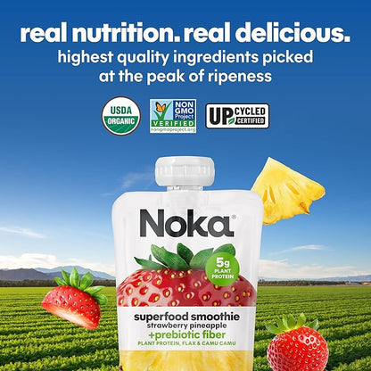 Noka Superfood Fruit Smoothie Pouches Variety Pack, Healthy Snacks with Flax Seed, Plant Protein and Prebiotic Fiber, Vegan and Gluten Free Snacks, Made in USA, Organic Squeeze Pouch, 4.22 oz, 12 Count