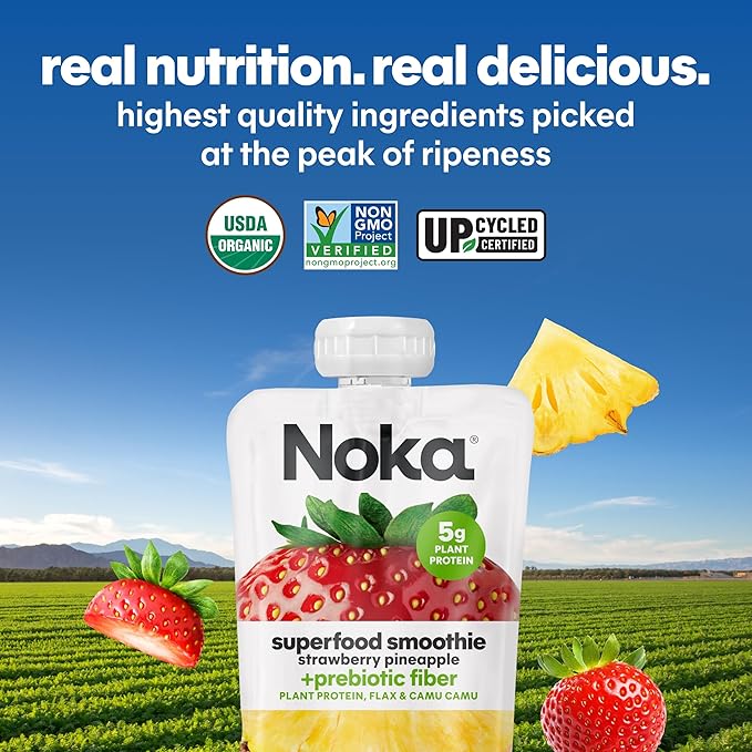 Noka Superfood Fruit Smoothie Pouches Variety Pack, Healthy Snacks with Flax Seed, Plant Protein and Prebiotic Fiber, Vegan and Gluten Free Snacks, Made in USA, Organic Squeeze Pouch, 4.22 oz, 6 Count