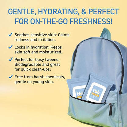 TBH Kids Gentle Face Wipes – Daily Cleansing & Hydrating Wipes for Preteens & Teens – Soothing Chamomile & Calendula – Sulfate & Paraben-Free – 30 Count