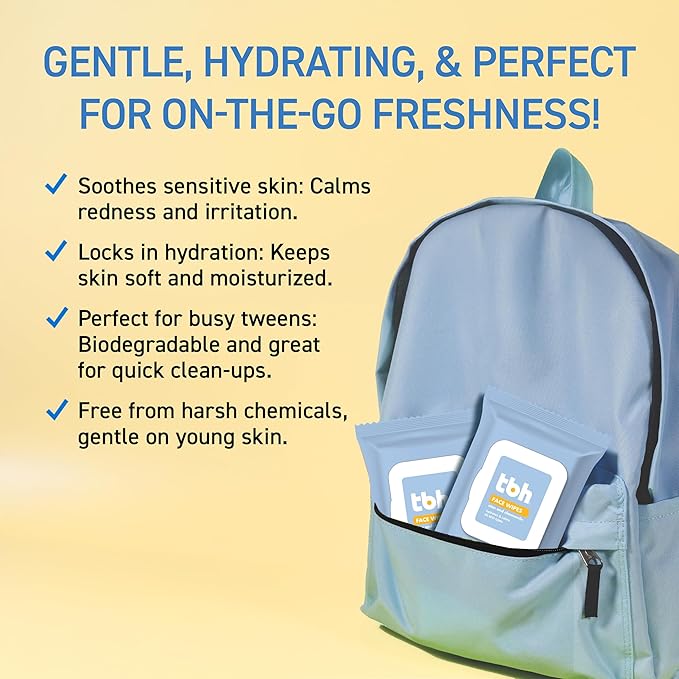 TBH Kids Gentle Face Wipes – Daily Cleansing & Hydrating Wipes for Preteens & Teens – Soothing Chamomile & Calendula – Sulfate & Paraben-Free – 30 Count (Pack of 2)