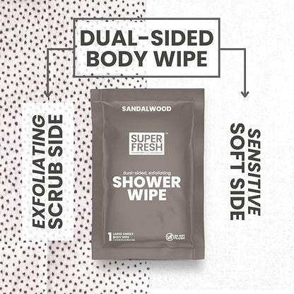 Super Fresh Shower Wipes Large Sandalwood Body Wipes for No Rinse Bathing Personal Hygiene Gym Travel or Camping Enriched with Aloe and Vitamin E 10 Individually Wrapped Disposable Sheets