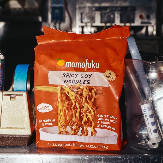 Momofuku Spicy Soy Ramen Noodles by David Chang, 4 Pack of Restaurant Quality Air-Dried Instant Noodles Now with More Sauce & 10g of Protein