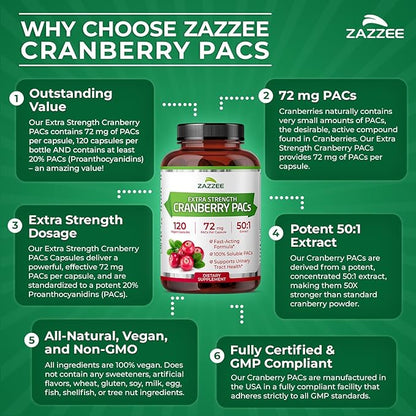 Zazzee Cranberry PACs 72 mg per Capsule, 50:1 Extract, 120 Vegan Capsules, 2X Strength, 4 Month Supply, Fast-Acting, Effective Urinary Tract & Bladder Support, 100% Soluble PACs, Made in the USA