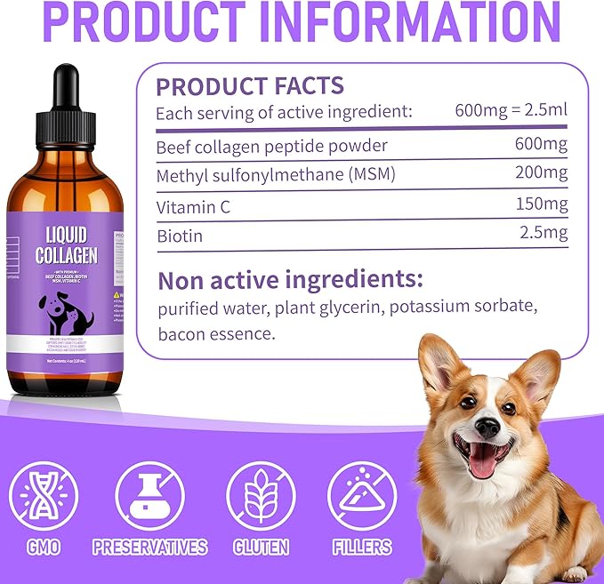 Liquid Collagen for Dogs with Premium Grass-Fed Collagen, Skin & Coat Support, Hip & Joint Mobility, Itch Relief, Digestive & Immune Health, with MSM, Biotin & Vitamin C, 4 fl oz