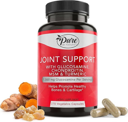 Pure By Nature Joint Support, Glucosamine with Chondroitin Turmeric MSM Boswellia Supplement, 270 Capsules