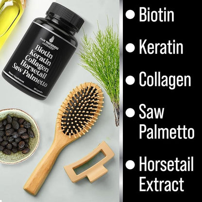 Biotin (5000mcg), Keratin, Collagen, Horsetail, Saw Palmetto – 5-in-1 Hair Growth Supplement & Vitamins for Women & Men, DHT Blocker Capsules for Thinning - Hair Growth Vitamins