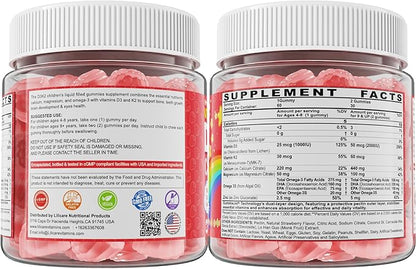Vitamin D3 K2 + Calcium Liquid-filled Gummies for Kids & Teens, 1000IU / 2000IU D3 with Magnesium, Algal Omega 3, Kids Vitamins for Bones & Teeth, Calcium Absorption, Brain, Immune, Sugar-Free, 2Pack