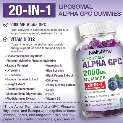 Liposomal Alpha GPC 2000mg & Citicoline Gummies Complex Phosphatidylserine,Ginkgo Biloba,L-Tyrosine,Huperzine A & B Vitamins,20-in-1 Blend for Focus, Memory & Cognitive Support