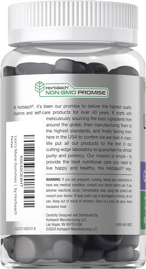 Horbäach Lion's Mane Supplement | 60 Vegan Gummies for Adults | Non-GMO and Gluten Free