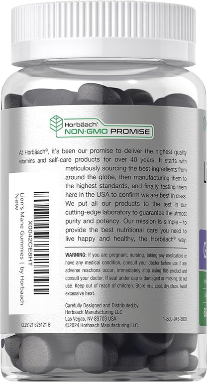 Horbäach Lion's Mane Supplement | 60 Vegan Gummies for Adults | Non-GMO and Gluten Free