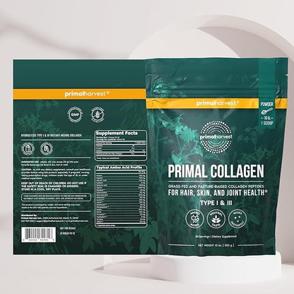 Primal Harvest Collagen Powder for Women or Men Primal Collagen Peptides Powder Type I & III, 10 Oz Collagen Protein Powder for Hair, Skin, Nails (Single, Original)