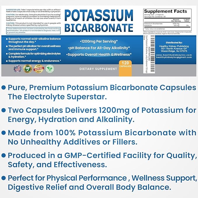 Pure Potassium Bicarbonate Supplement Capsules pH Balance Pills, High Potassium Electrolytes 1200mg Serv. USA Made Potassium Bicarbonate Food Grade, Acid-Alkaline Balance Immunity Endurance 2-Pack