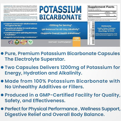 Pure Potassium Bicarbonate Supplement Capsules pH Balance Pills, High Potassium Electrolytes 1200mg Serv. USA Made Potassium Bicarbonate Food Grade, Acid-Alkaline Balance Immunity Endurance 2-Pack