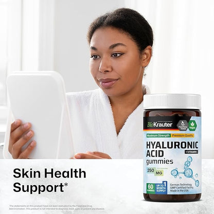 BIO KRAUTER® Hyaluronic Acid with Vitamin С for Skin Hydration Support - Vegan Hyaluronic Acid Supplements 250 mg Strength for Beauty & Collagen Support - 60 Gummies, Non-GMO, Banana Flavor