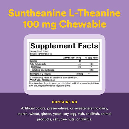 Natural Factors Suntheanine L-Theanine 100 mg - Health Supplement for Calm Outlook - L-Theanine Supplement Supports Relaxing Sleep & Aids Against Drowsiness - 120 Chewable Tablets (60 Servings)