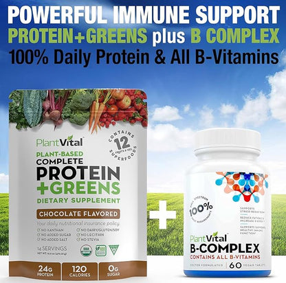 Plantvital Vegan Protein Powder Plant Based, Organic Protein Powder Chocolate 24g/0g Sugar, 12 Superfoods, Veggies, Probiotics, Raw Cocoa, Kale, Beets, Spirulina, Pea, Gluten-Free, Keto-Friendly,32oz