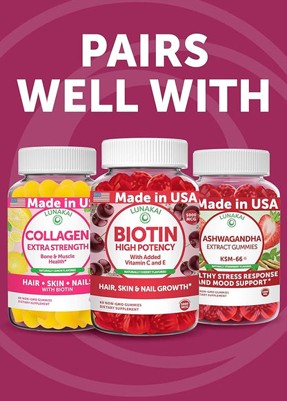 Lunakai USA Made Super Hair Gummies with Biotin, Zinc, Horsetail Extract & Saw Palmetto - Hair Growth Vitamins for Women & Men – Supports Thicker, Longer, Stronger Tresses, Skin & Nails - 3 Pack