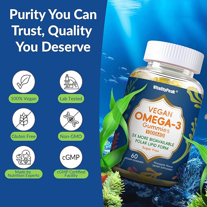 Vegan Omega 3 Gummies 1000mg - Algae Omega 3 Supplement for Women & Men with CoQ10, Vitamin D3, K2 & Turmeric - Fish Oil Alternative for Adults with DHA EPA for Brain, Eye- Sugar Free, 60 Count