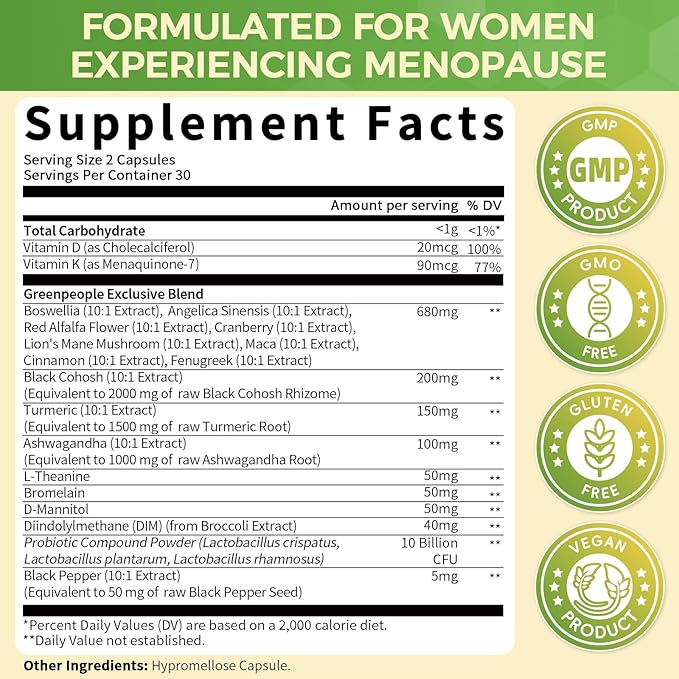 GREENPEOPLE Menopause Supplements for Women - Black Cohosh & Ashwagandha for Hot Flashes, Night Sweats, Mood Swings, Hormonal Balance Support,10 Billion CFU Probiotic - 120 Capsules Vegan Gluten-Free