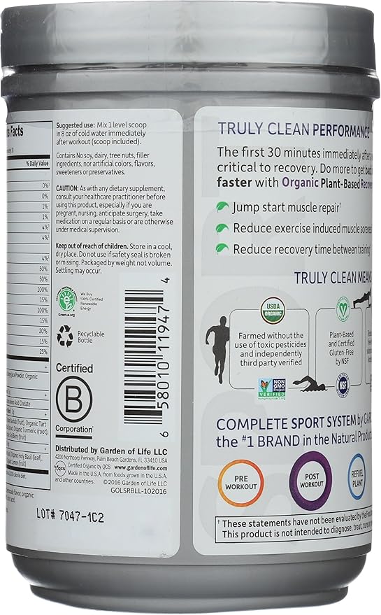 Garden of Life Sport Organic Plant-Based Recovery Powder – Muscle Recovery Supplement for Women & Men with Vitamins and Magnesium, Non-GMO, Gluten-Free, BlackBerry Lemonade Flavor, 30 Servings