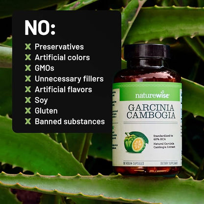 Naturewise Garcinia Cambogia - 60% HCA Concentration Extract, Natural Support for Weight Goals and Energy Levels - Vegan, Non-GMO, Gluten Free - 90 Capsules[1-3 Month Supply]