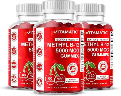 Vitamatic Extra Strength Vitamin B12 5000 mcg (Methyl B12) Gummies - 120 Count - Energy Metabolism Support and Nervous System Health Support, Natural Cherry Flavored (3)