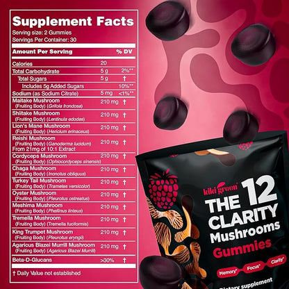 KIKI Green 12 Mushroom Supplement Gummies - Lion's Mane, Cordyceps, Chaga, Reishi, Turkey Tail & 7 More for Memory, Focus, Immunity - 60 Mushroom Gummies for Adults with Raspberry Flavor 10:1 Extract