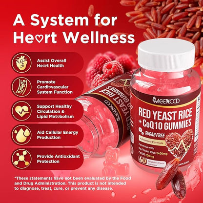 MEENCCD Red Yeast Rice with CoQ10 Gummies, Red Yeast Rice Supplement with Coenzyme Q10 for Overall Well-Being, Sugar Free, Vegan, Raspberry Flavor, 60 Count