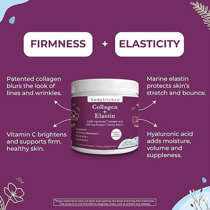 Body Kitchen Collagen and 250 mg Elastin Supplement to Aid Signs of Aging, Support Skin Health & Elasticity, Fewer Wrinkles, Unflavored Powder, Tasteless, Odorless, Colorless, 30 Servings (2 Pack)