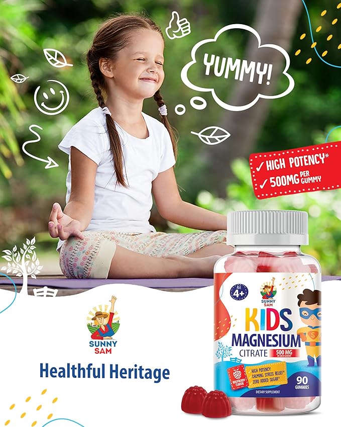 Sugar-Free Magnesium Gummies for Kids & Teens – 500mg Magnesium Citrate – Chewable Supplement for Calm, Mood & Nighttime Wind-Down – 90-Day Supply