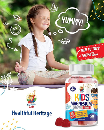Sugar-Free Magnesium Gummies for Kids & Teens – 500mg Magnesium Citrate – Chewable Supplement for Calm, Mood & Nighttime Wind-Down – 90-Day Supply