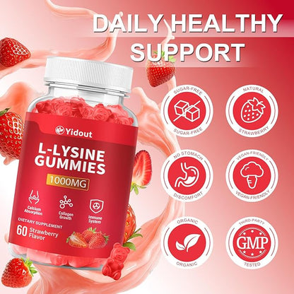 L-Lysine 1000mg Gummies for Immune Support & Skin Health -Chewable Lysine Supplement for Adults, Sugar-Free, Natural Strawberry Flavor, Gluten-Free (60 Count（Pack of 1）)