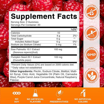 Vitamatic Pumpkin Seed 20:1 Extract & Saw Palmetto 10:1 Extract Gummies – Sugar-Free Botanical Extract – Natural Raspberry Flavor – Vegan, Non-GMO, Plant-Based Gummies – 60 Count - 2 Pack (120 Count)
