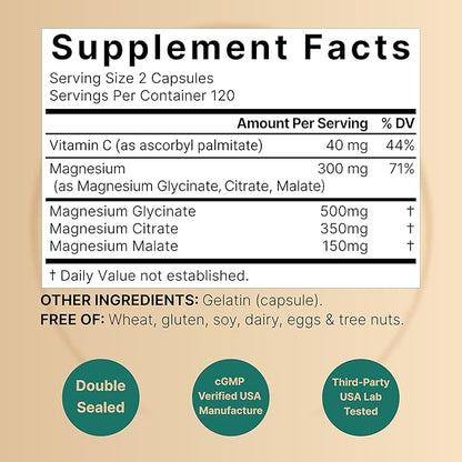 NatureBell Magnesium Complex for Women & Men 1,000mg Per Serving – 240 Capsules – Triple Magnesium Complex with Glycinate, Citrate & Malate – Chelated & Purified – Non‑GMO, Filler Free