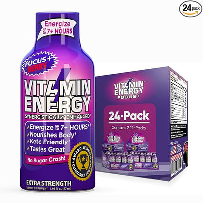 Vitamin Energy Focus+ Extra Strength Energy Shot Berry 24 Pack, 260mg Natural Caffeine, B-Vitamins, CoQ10, Amino Acids, Focus, Productivity & Clarity, Zero Sugar, Gluten-Free, 1.93 fl oz