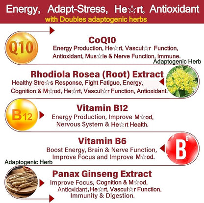 Ultra Absorption CoQ10 Gummies 200mg/400mg, w/ Methyl B12 1000mcg, B6, Rhodiola Rosea & Panax Ginseng, Sugar Free CoQ10 Supplement for Energy Boost, Hear-t Health, Antioxidant & Brain Support, 2 Pack
