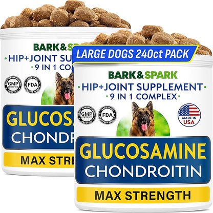 BARK&SPARK Senior Advanced Glucosamine Chondroitin for Dogs - Hip Joint Pain Relief - Old Dog Joint Chews Large & Small Breed - Hip Joint Chews Joint Health Care Treats - 240Ct