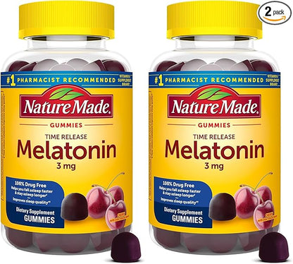 Nature Made Time Release Melatonin 3mg Gummies,100% Drug Free Sleep Aid for Adults,60 Melatonin Gummies,60 Day Supply,(Pack of 2)