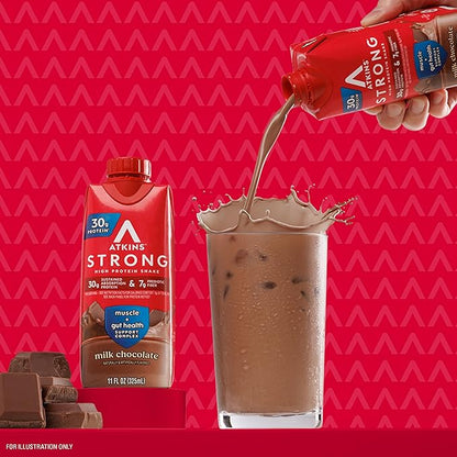Atkins Strong High Protein Shake, Milk Chocolate, 30g Protein, 7g Prebiotic Fiber, 1g Sugar, GLP-1 Support, Muscle & Gut Health Support Complex, 12 Count