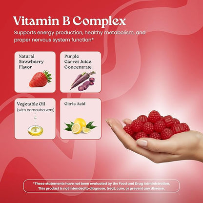 VITA GLOBE B Complex Gummy Vitamins – Strawberry Flavor with Vitamin C, Niacin, B6, B12 & Biotin | Daily Supplement for Energy, Metabolism & Cognitive Support | 60 Gummies (Pack of 1)