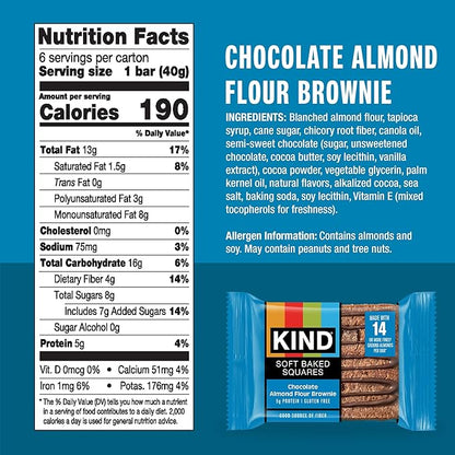 KIND Soft Baked Squares, Chocolate Almond Flour Brownie, Gluten Free, Healthy Snack Bars, 5g Protein, 6 Count