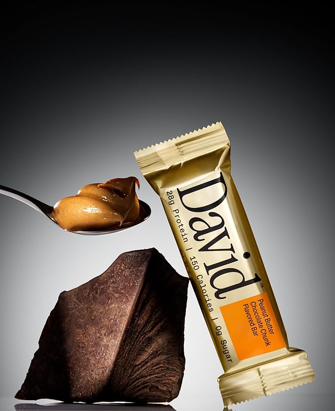 David Protein Bar, Peanut Butter Chocolate Chunk, 24 Protein Bars | 28g of Protein | 150 Calories | 0g of Sugar - High Protein, Low Carb, Gluten Free Protein Bar, Pack of 24